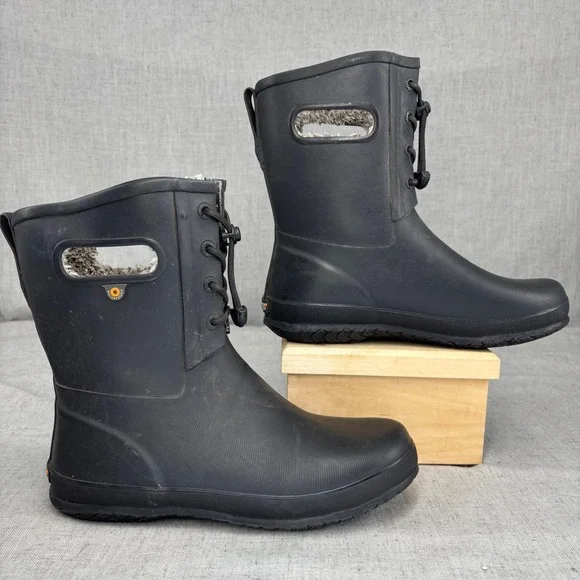 Bogs Amanda Plush II Black Rubber Waterproof Lined Rain Boots Pull On Big Kids 7 - Picture 2 of 11